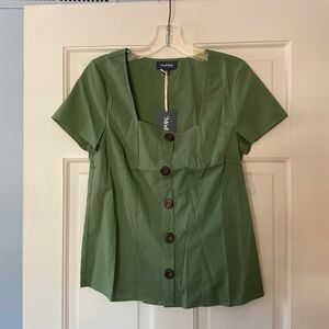 ModCloth Cottage Curation Square Neck Top Green Button Front Tie Back S NWT